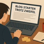 Illustrative Szene: Eine Person sitzt an einem Schreibtisch mit Laptop und Kaffeetasse, zögert mit der Hand über der Tastatur, bevor sie einen Blog startet.