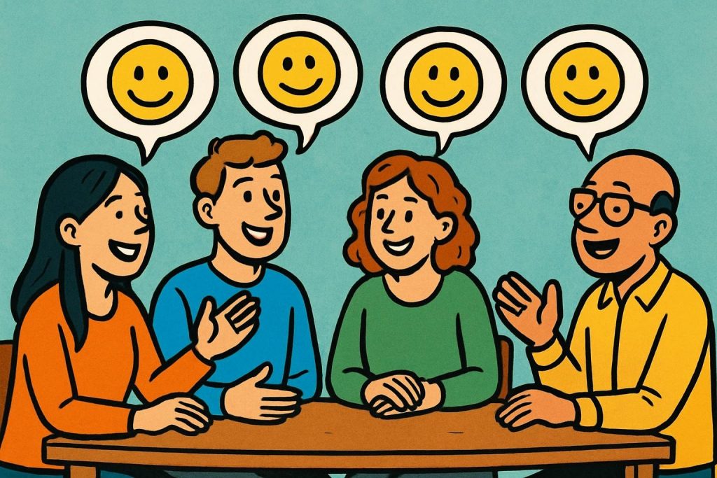 Illustration einer Gesprächsrunde mit Humor und Leichtigkeit – Brücke zum Thema immer etwas beitragen zu müssen.