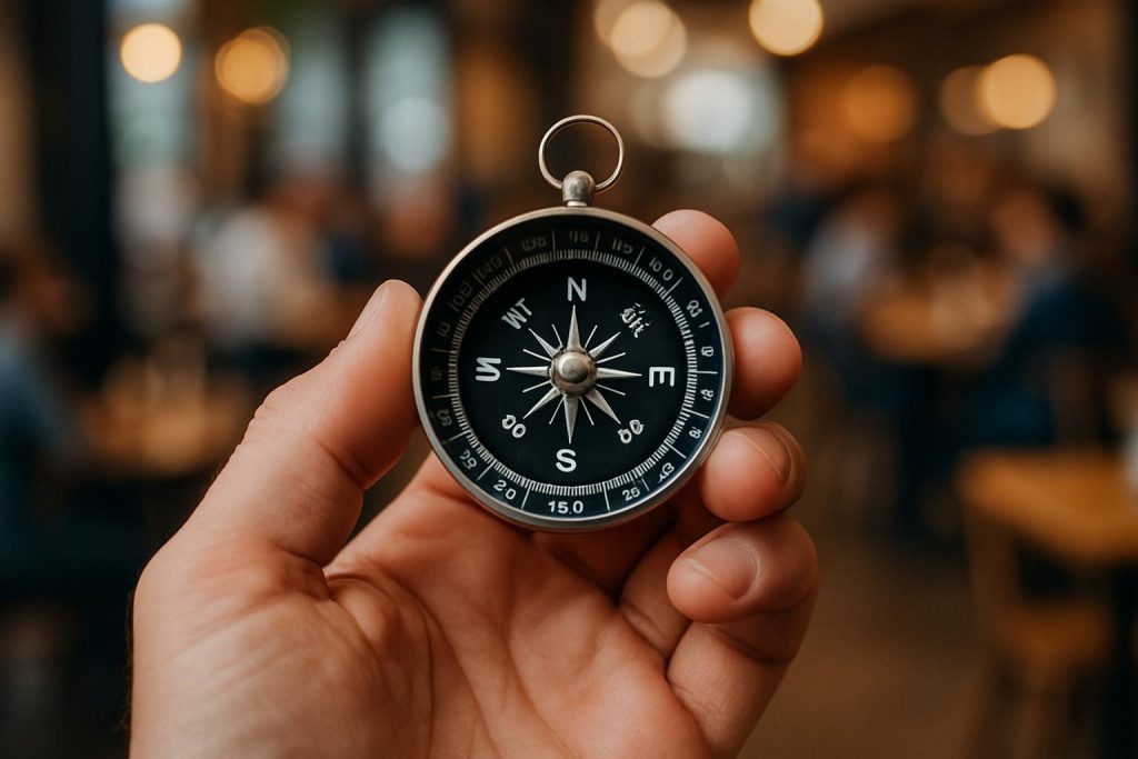 Eine Hand hält einen Kompass in einem Café – Symbol für innere Orientierung in schwierigen Gesprächen.