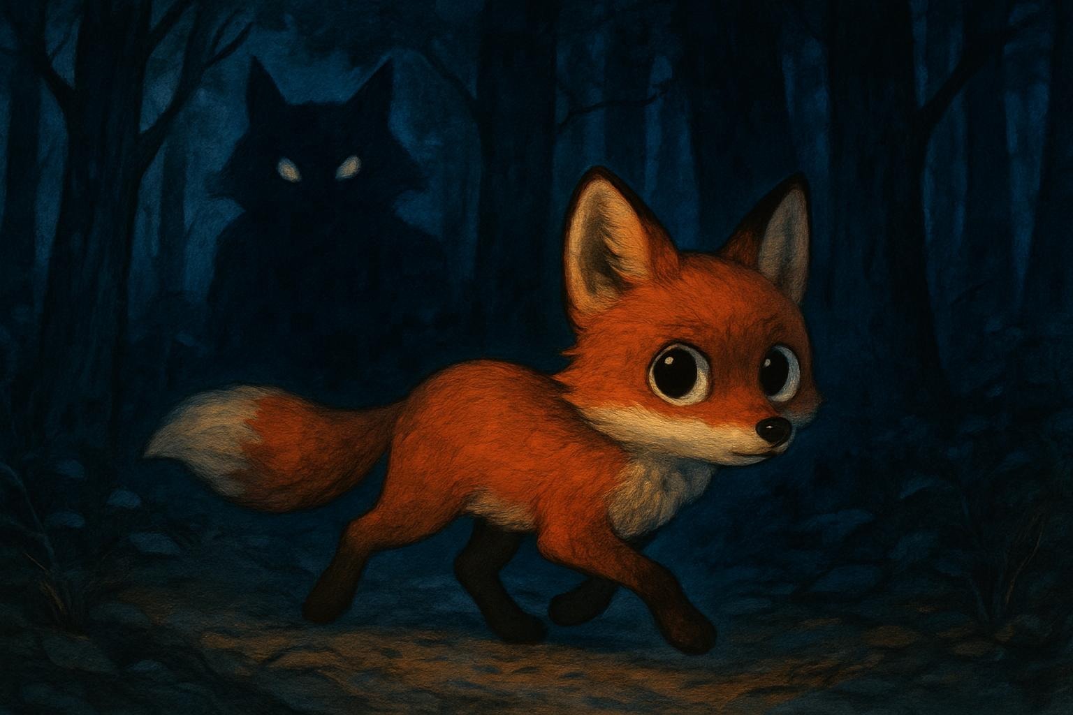 Illustration eines kleinen Fuchses, der nachts durch einen Wald läuft, mit großen wachen Augen und einem geheimnisvollen Schatten im Hintergrund.