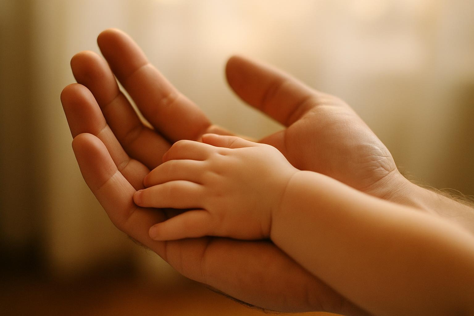 Nahaufnahme von zwei Händen: die kleine Kinderhand ruht in der großen Vaterhand, sanftes Licht im Hintergrund.