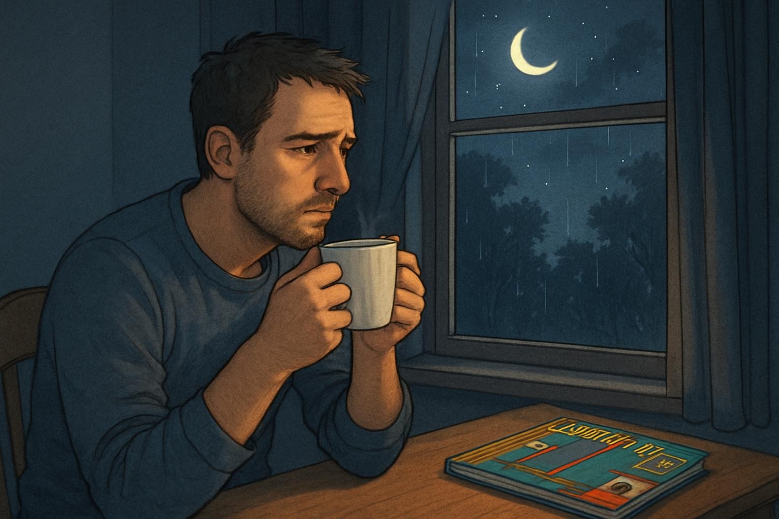 Ein Vater sitzt nachdenklich mit einer Tasse Tee am Fenster, draußen sieht man die Nacht, im Hintergrund liegt ein Kinderbuch.