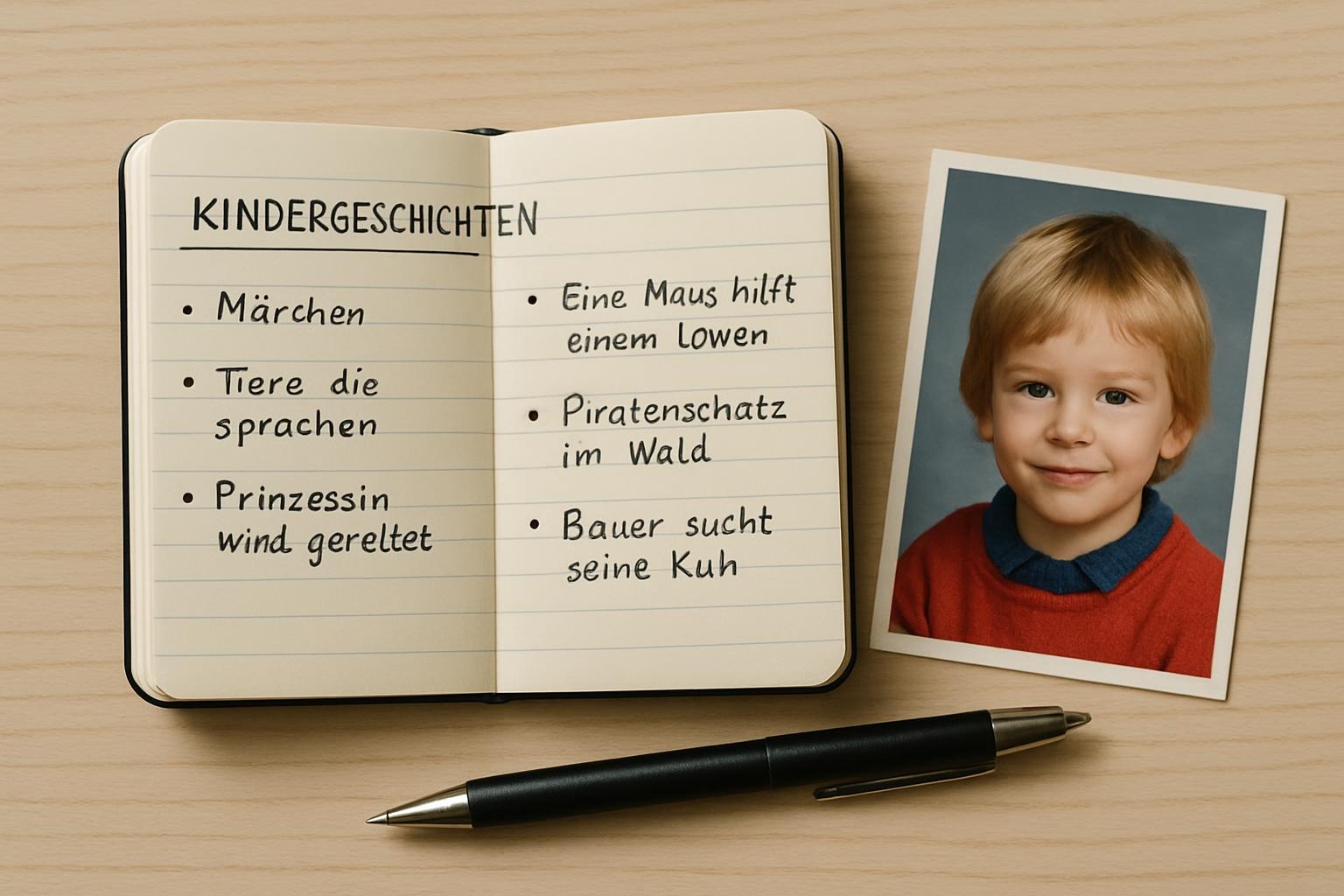 Ein kleines Notizbuch liegt offen, darin handschriftliche Notizen über Kindergeschichten, daneben ein Stift und ein Kinderfoto.