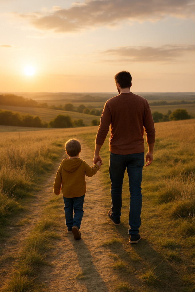 Vater und Kind gehen Hand in Hand auf einem Feldweg bei Sonnenuntergang, Symbol für Hoffnung und gemeinsames Wachstum.